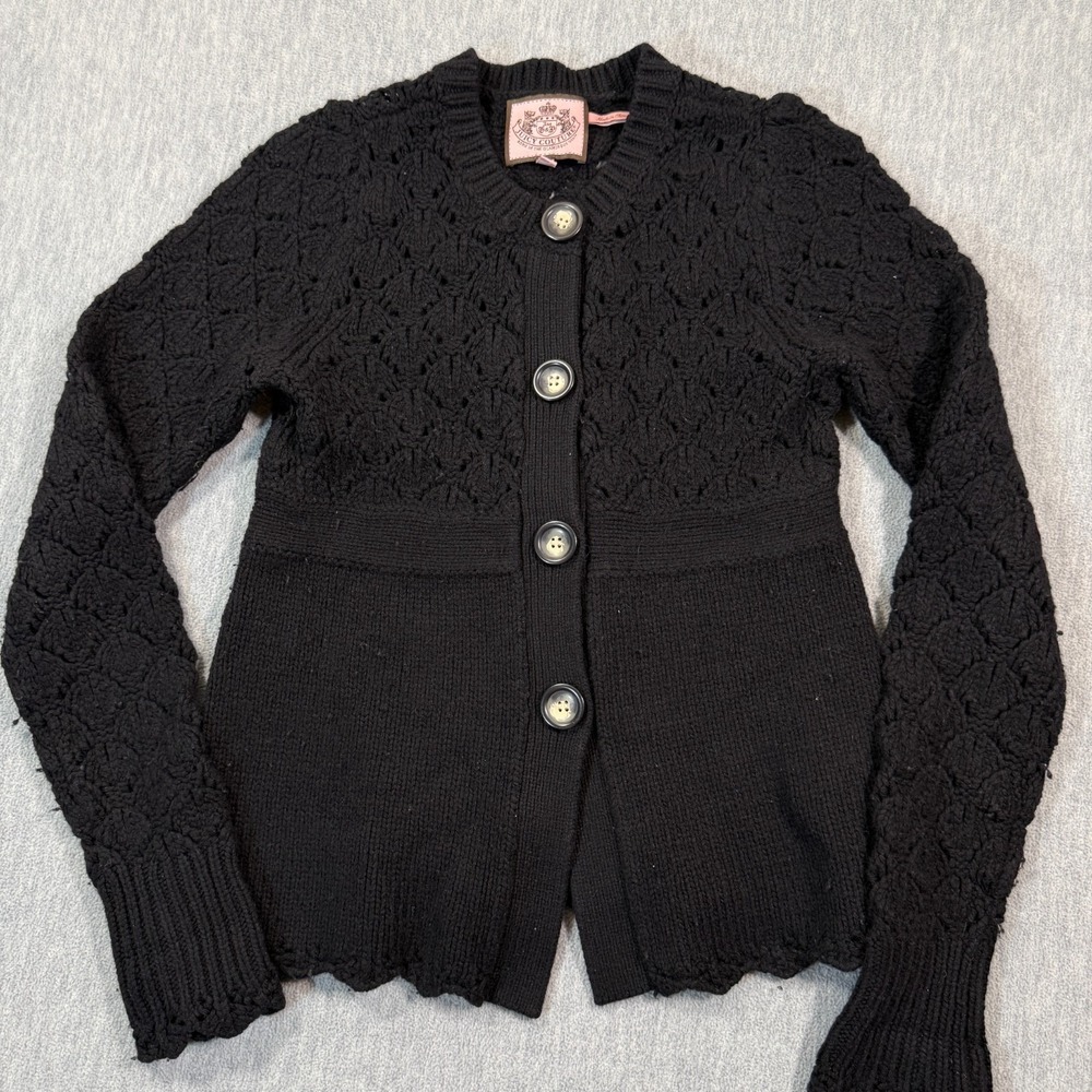 Juicy Couture Cardigan Women P XS Black Cable Knit Button Front Sweater